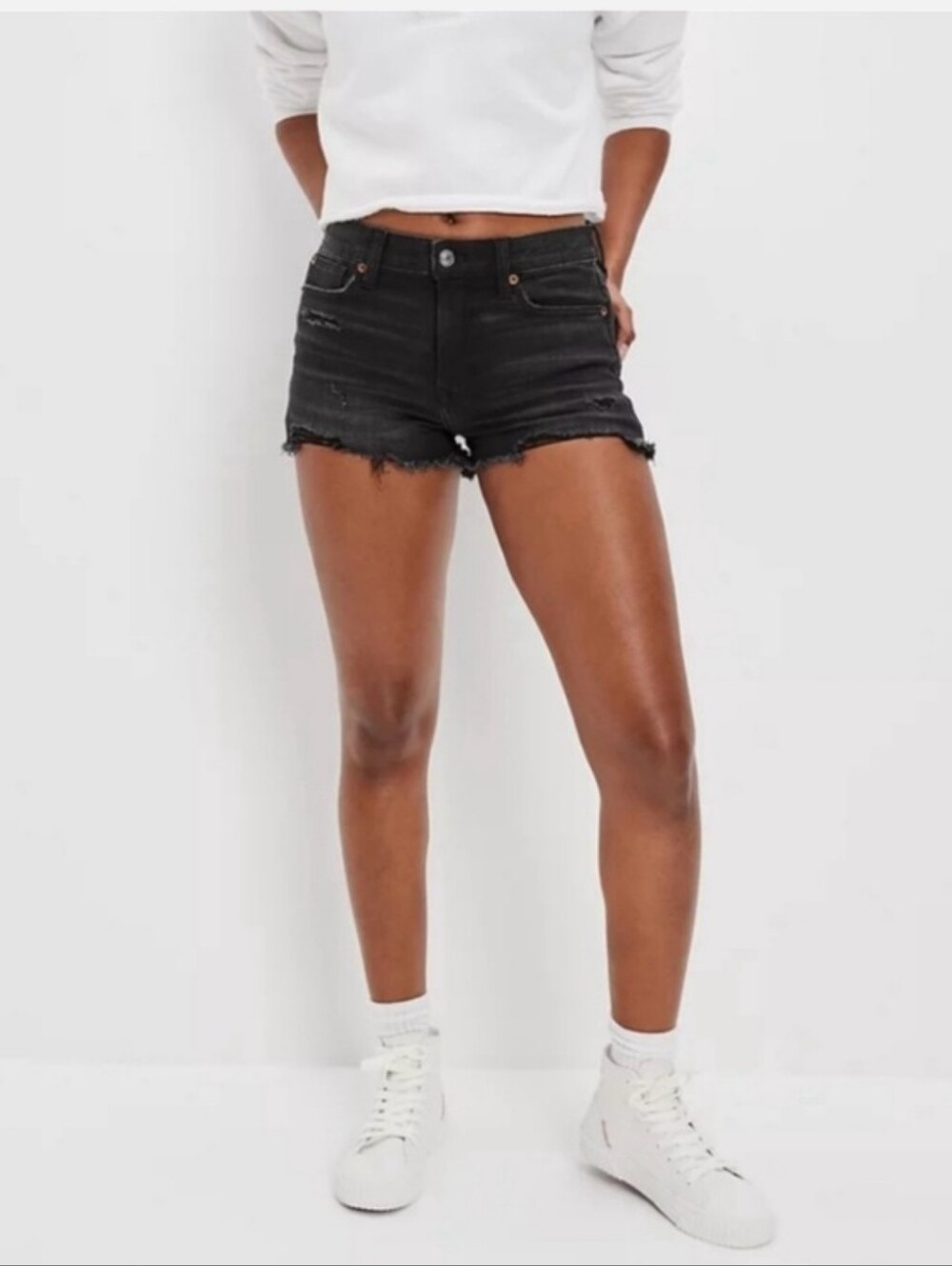 American Eagle Outfitters Black High-Rise Frayed Denim Shorts